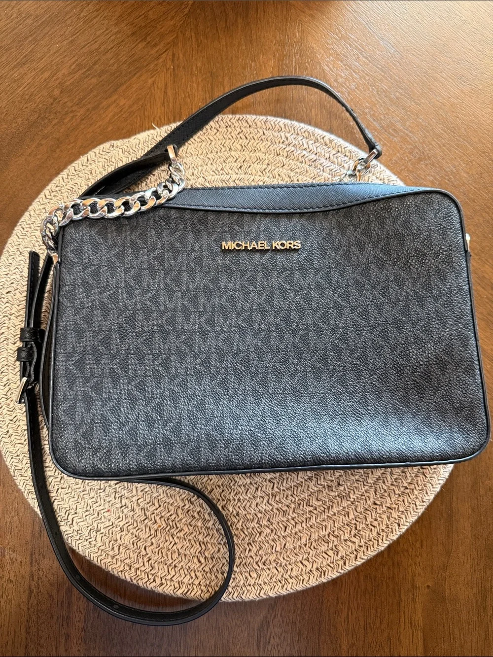Michael Kors Black Logo-Print Shoulder Bag with Gold Hardware